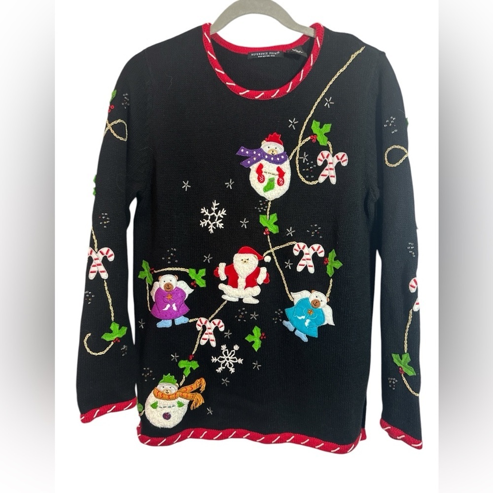 Reference Point Ugly Christmas Womens Small Black Snowmen Santa 3D Embroidered